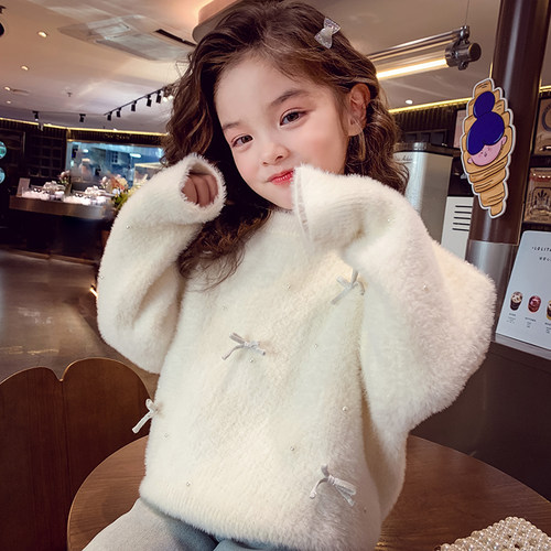 韩版立体蝴蝶结仿水貂绒毛衣