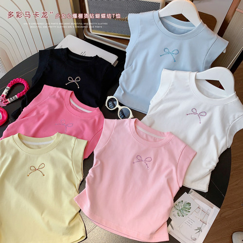 女童夏款烫钻蝴蝶结无袖上衣T恤