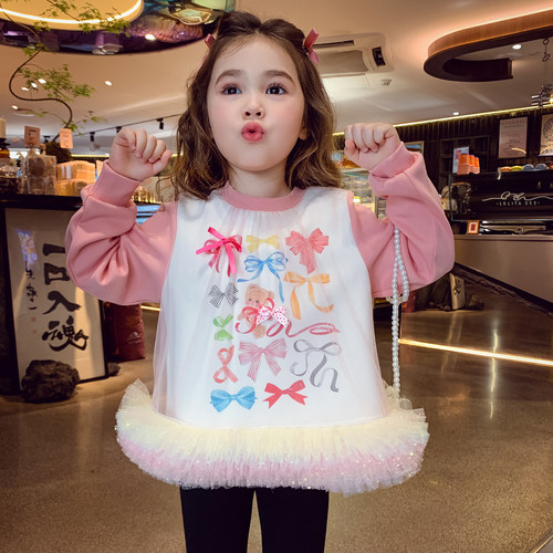 【百分甜茶】韩系拼接网纱卫衣