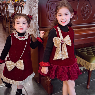 米米哈罗女童公主裙冬装 女孩圣诞裙子儿童夹棉丝绒连衣裙 2025新款