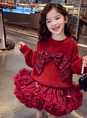 女童仿貂绒毛衣冬装2025新款儿童圣诞红色上衣女孩宽松圆领针织衫