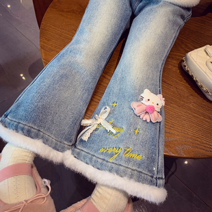 米米哈罗女童加绒牛仔裤冬装2025新款儿童一体绒长裤小女孩喇叭裤