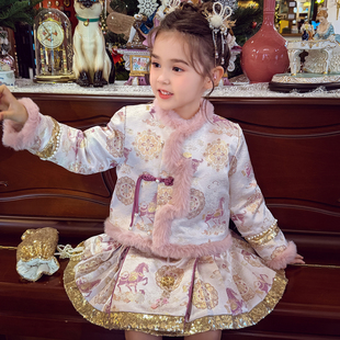 米米哈罗女童国风套装裙冬装2025新款儿童唐装外套女孩短裙两件套