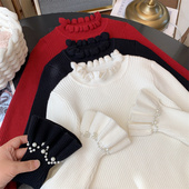 小女孩纯色打底衫 儿童木耳边针织衫 2025新款 米米哈罗女童毛衣冬装