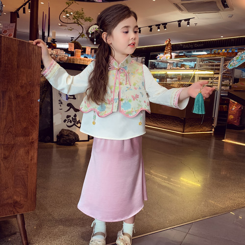 女童新中式套装秋装2025新款儿童马甲衬衫半裙三件套女孩国风套裙