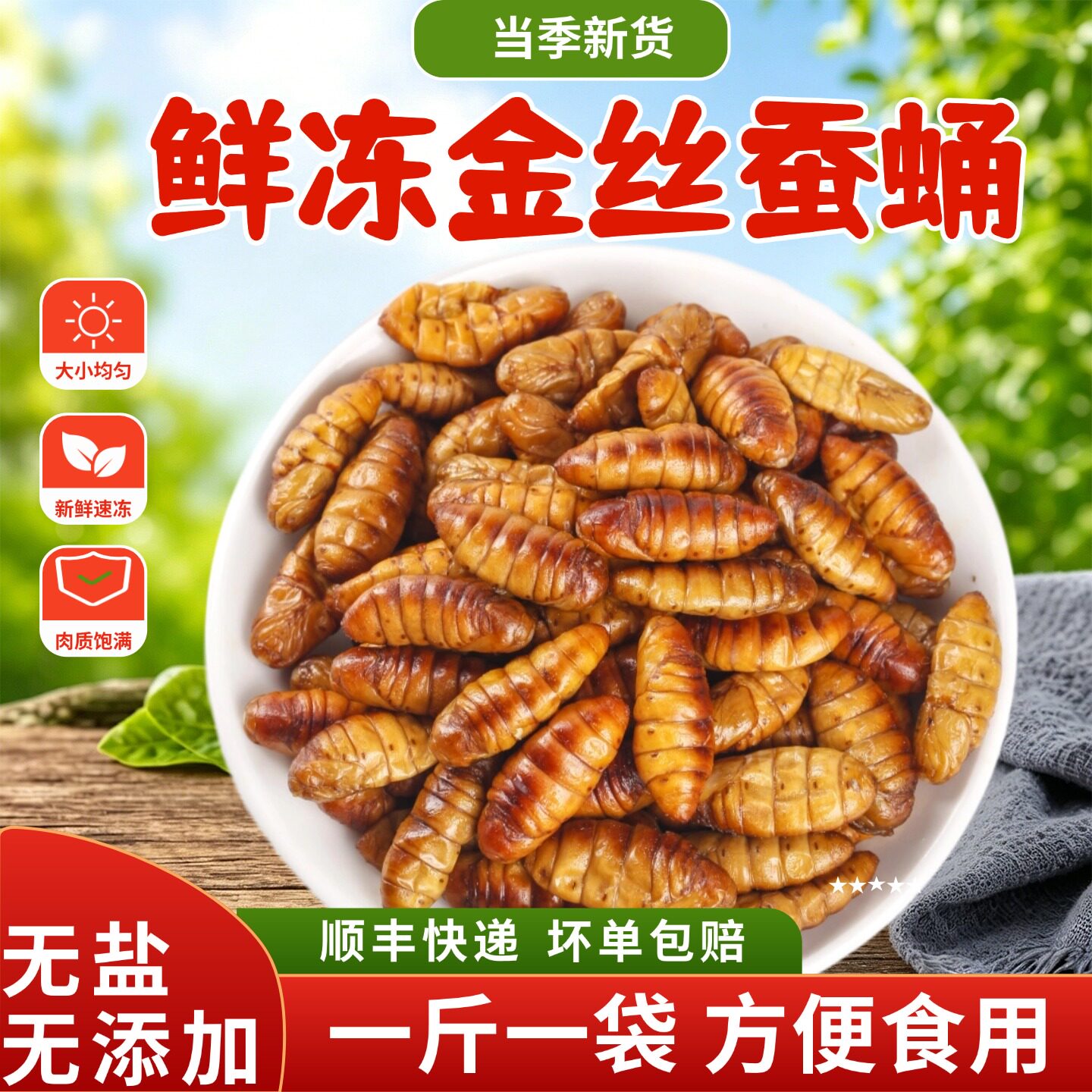 新鲜速冻金丝蚕蛹不加盐大小均匀饱满商用烧烤特产农家桑蚕蝉蛹
