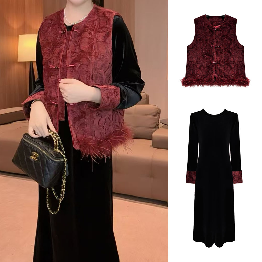 新中式马甲丝绒裙套装