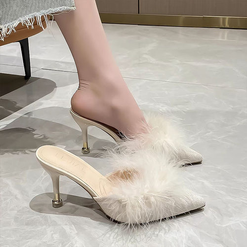 包头凉鞋女春秋尖头细跟毛毛鞋一