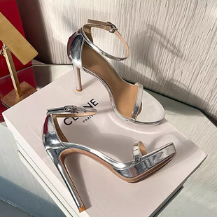 女细跟超高10厘米祼色一字带凉鞋 防水台高跟鞋 女 新款 2024年夏季