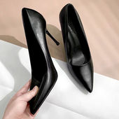 高跟鞋 黑色软皮尖头职业气质通勤低跟工作鞋 女细跟2022年新款 夏季