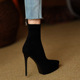 2026秋冬款 细高跟弹力短靴黑色绒尖头防水台瘦瘦靴性感气质女12cm