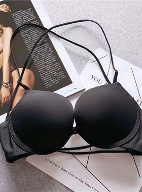 前扣美背内衣少女黑色露背无痕交叉细肩带文胸加厚聚拢小胸罩