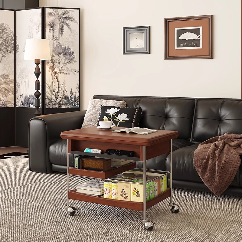 茶几客厅家用小户型实木中古风小推车可折叠茶桌可移动沙发边几柜