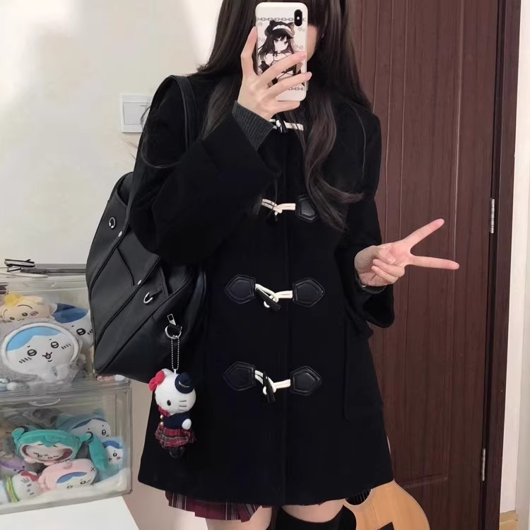 毛呢大衣学院风jk制服短款牛角扣绀色大衣jk外套