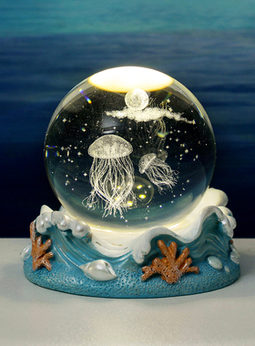 发光水母海豚海洋风水晶球小夜灯