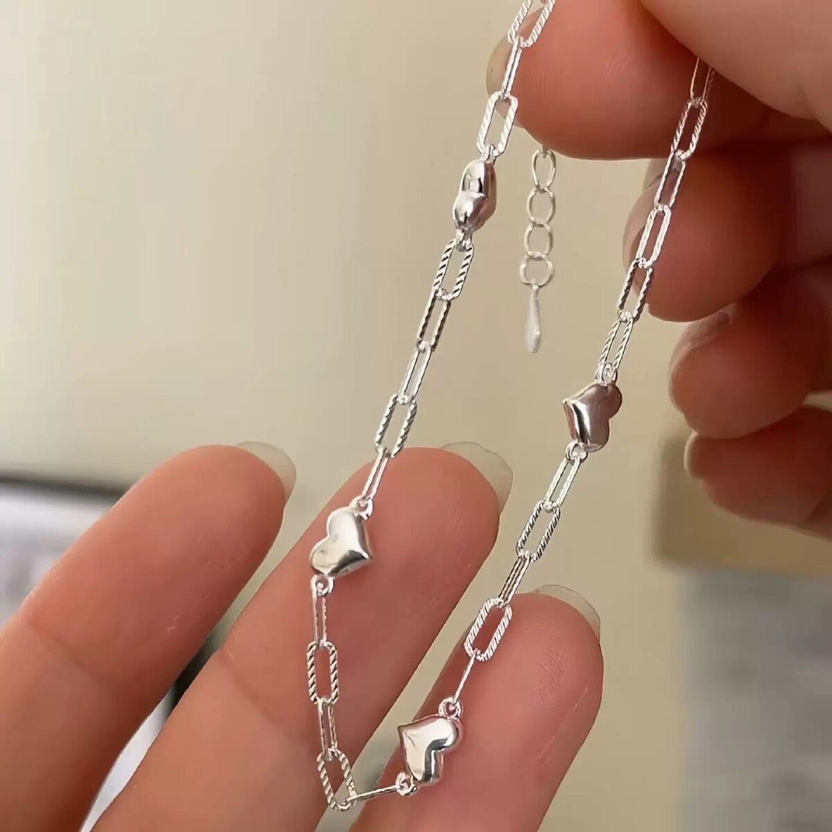S925纯银韩版极简链条拼接立体爱心手链小众ins甜美简约心形手饰