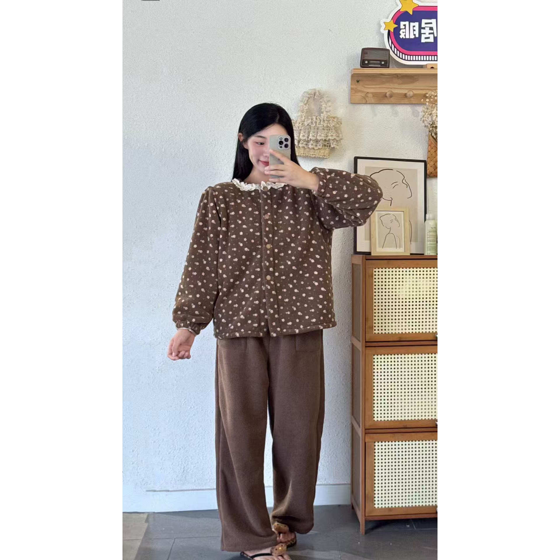 女士秋季花边领可外穿家居服套装