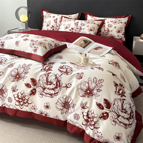 结婚四件套喜庆红色被套2025新款床单婚庆婚嫁全棉纯棉床上用品