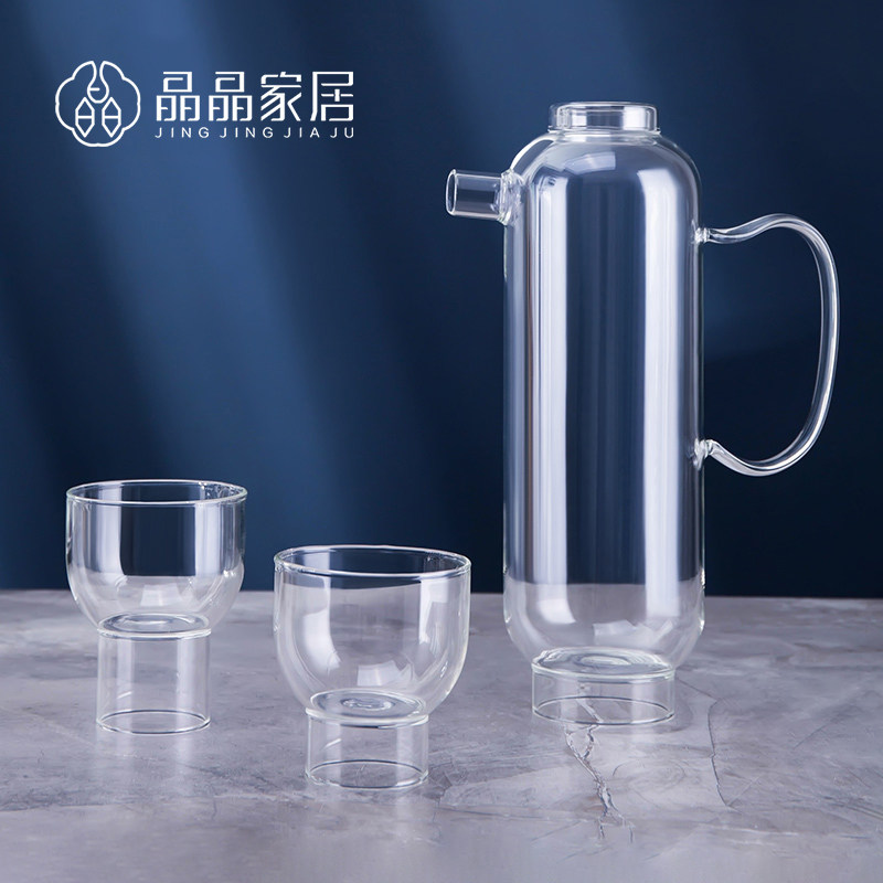 现代透明极简玻璃一壶两杯高脚冷水壶餐桌面酒店样板房装饰品摆件