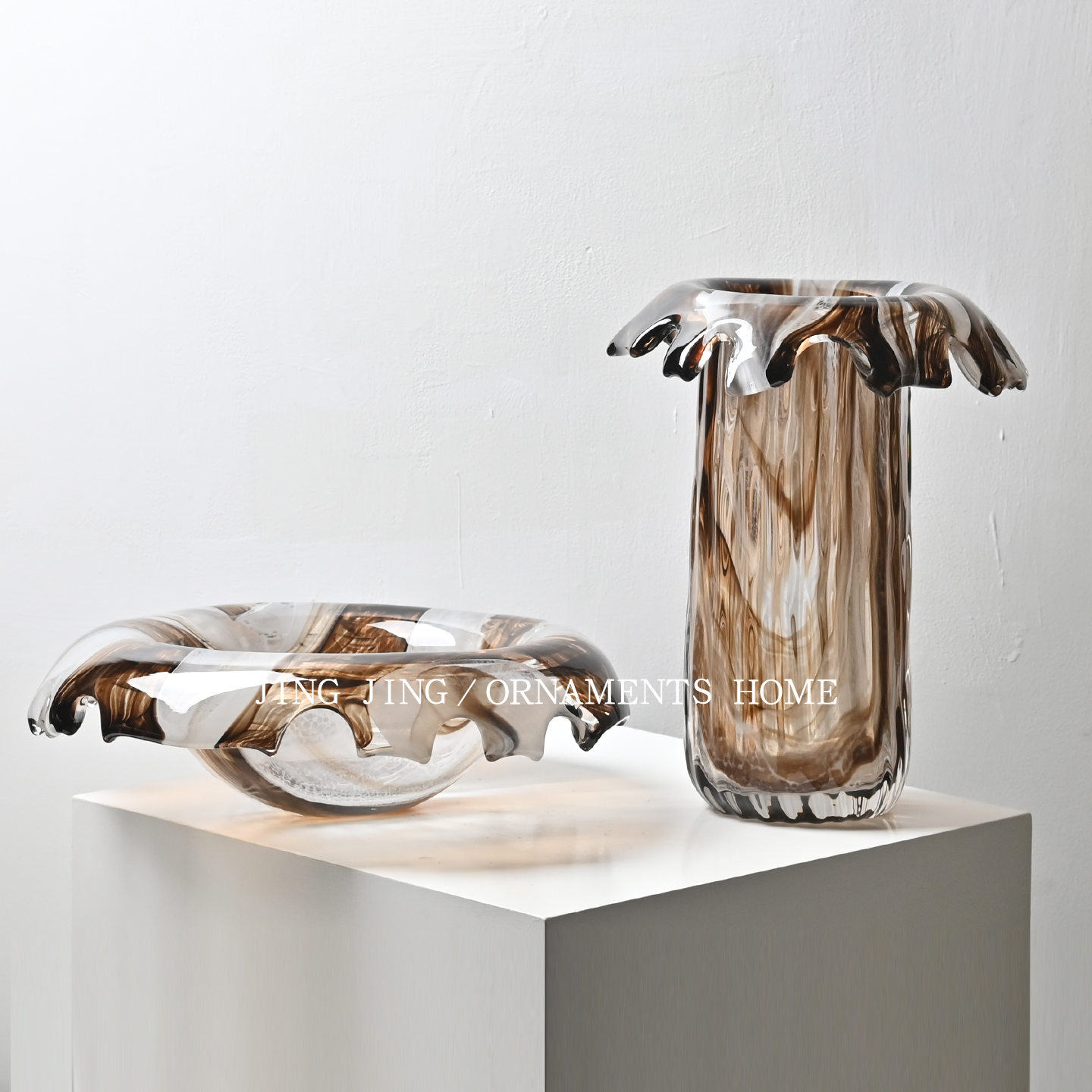 法式中古吹制琉璃棕色花瓶果盘套装卧室床头柜茶几台装饰摆件果盘