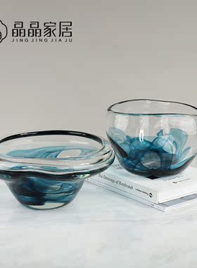 现代简约蓝色水墨玻璃果盘摆件茶几餐桌轻奢装饰品欧式创意工艺品