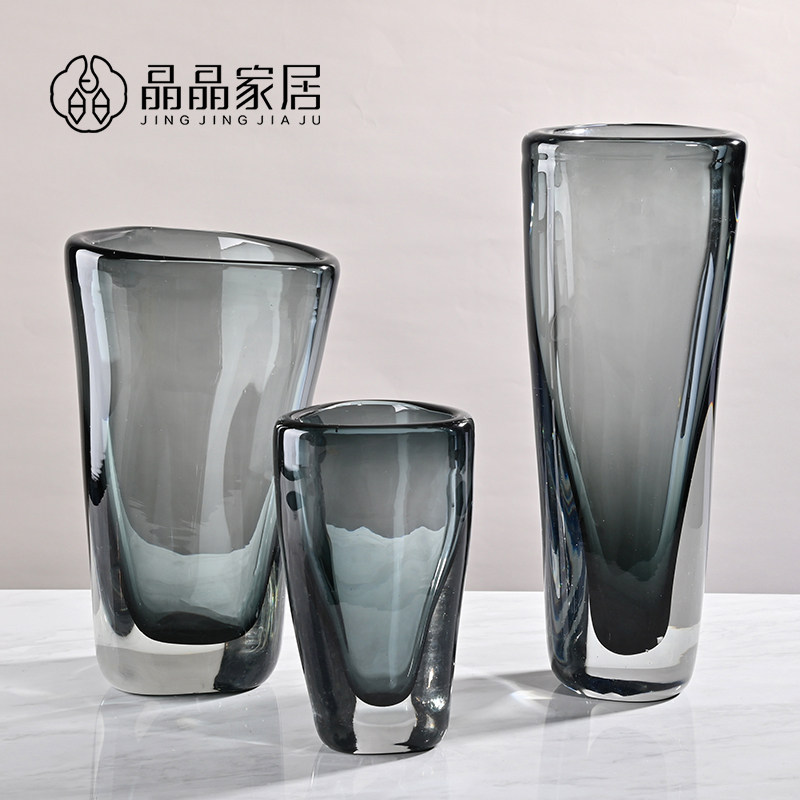 现代简约灰色厚重水晶玻璃花瓶样板房客厅别墅玄关办公桌软装饰品