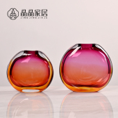 现代简约彩色红色渐变扁型玻璃花器客厅卧室办公桌面家居软装 饰品