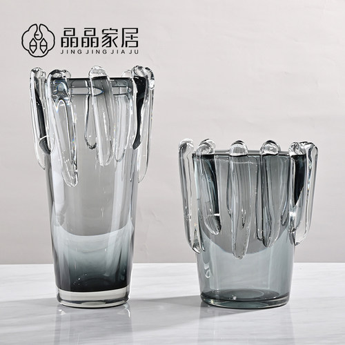 现代北欧新中式灰色玻璃花瓶插花
