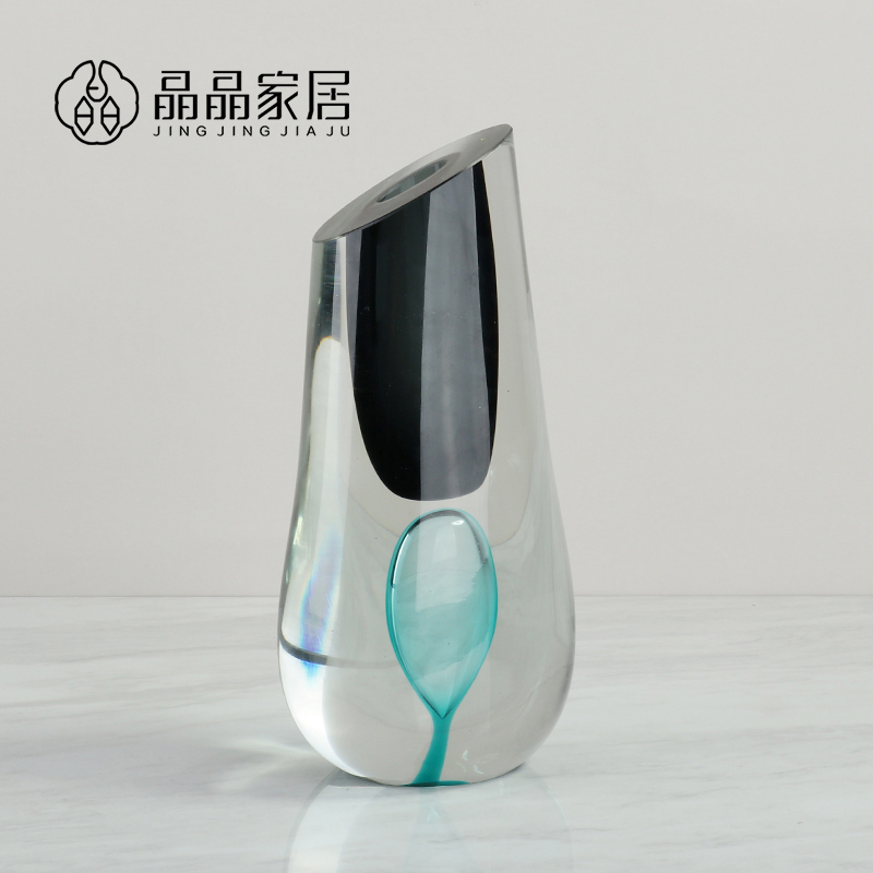 现代简约欧式水晶厚实黑色斜口玻璃花器样板房展厅玄关设计师推荐