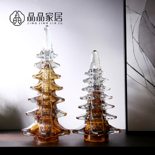 美式轻奢琥珀色琉璃塔手工玻璃树摆件酒店样板房客厅书房软装饰品
