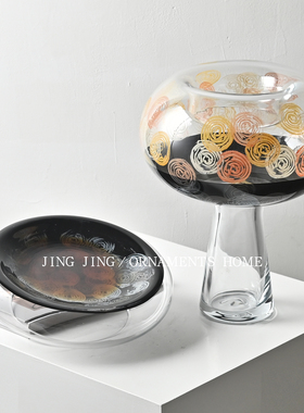 抽象艺术彩绘透明玻璃大花器果盘组合样板间餐桌装饰花瓶摆件