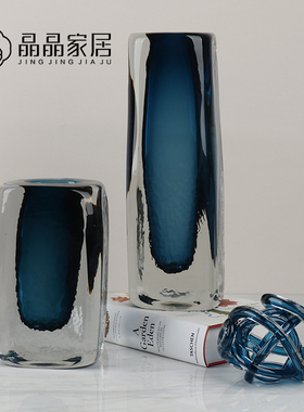 简约轻奢欧式蓝灰色透明方砖水晶玻璃花瓶样板房售楼处软装小摆件