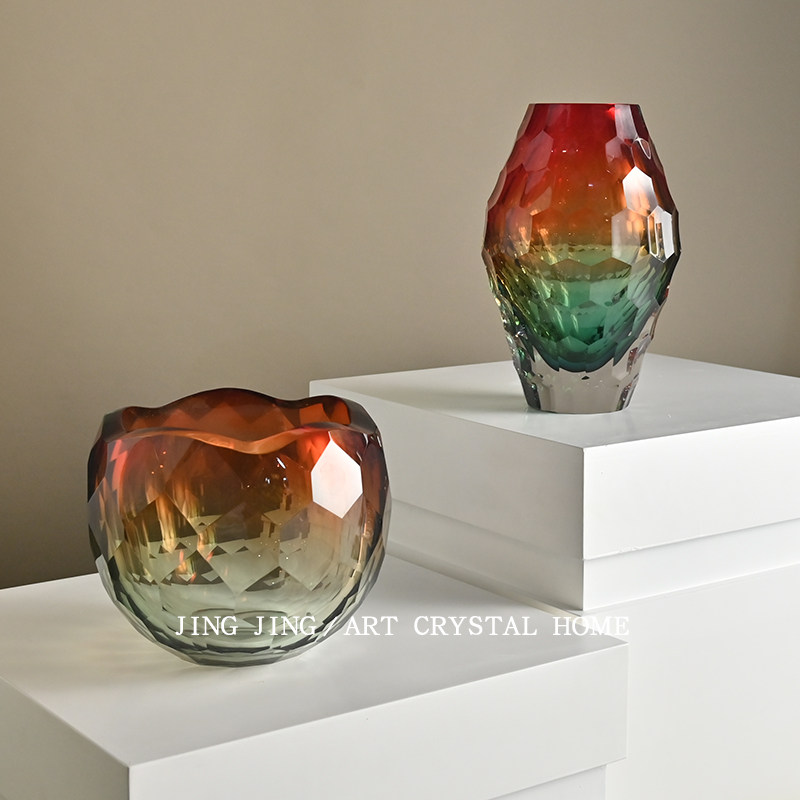 渐变色菱形钻石切割水晶花瓶客厅茶几桌面摆设高级感加厚玻璃花瓶