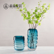 现代轻奢蓝透明直筒螺纹玻璃插花花器样板房桌面收纳卧室客厅饰品