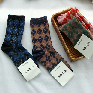 春秋冬季袜子女中筒袜韩国东大门银葱亮丝菱形格子时尚学院风短袜