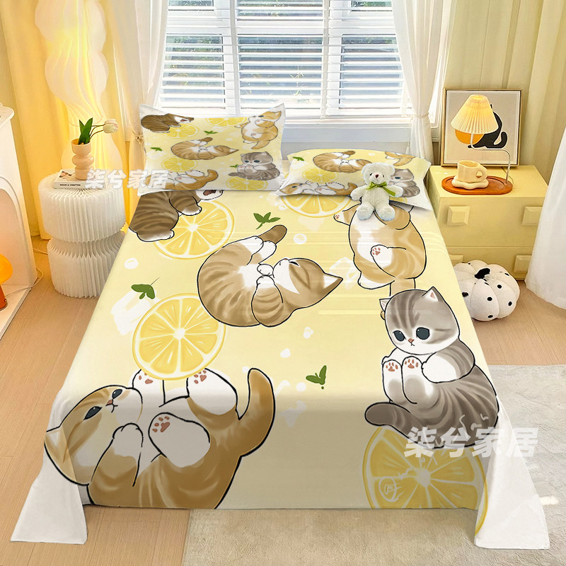 可爱猫咪床单双人床笠学生情侣卡通被单宿舍单人席梦思床垫套枕套