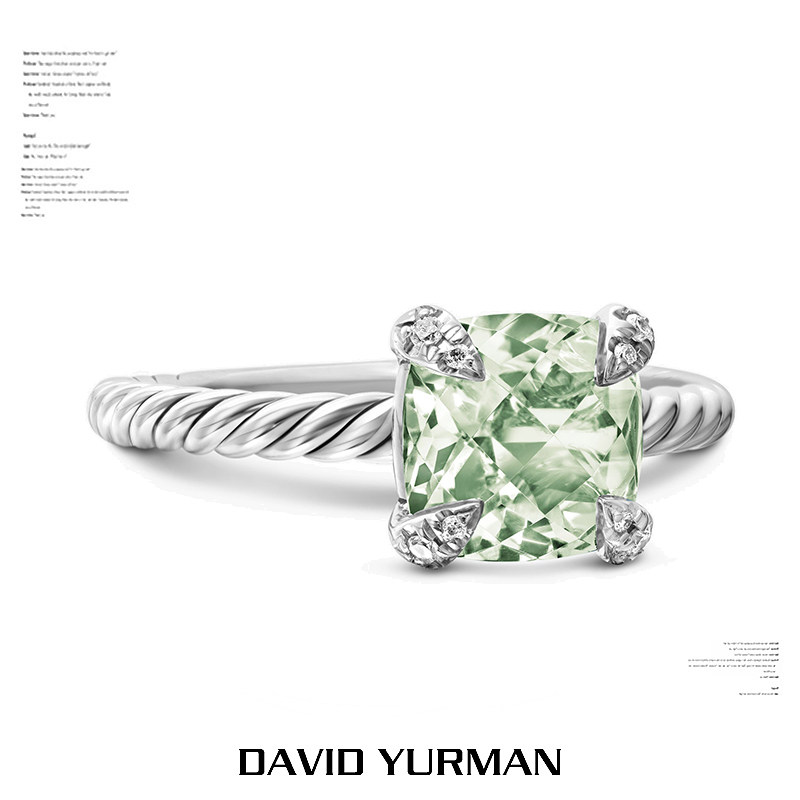 David Yurman大卫雅曼方形水晶戒指扭纹四爪镶钻DY钢丝绳枕形主石