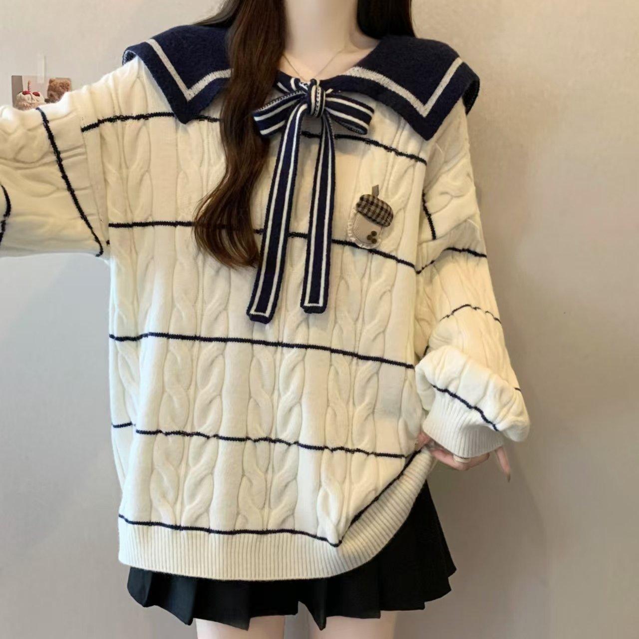 实拍海军领条纹毛衣女秋冬外穿2025新款宽松慵懒风可爱减龄针上衣,女装/女士精品,大码内搭,淘宝优惠券,粉丝福利购,淘宝优惠卷