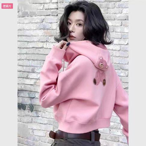 粉色小熊刺绣连帽卫衣冬季独特漂亮超好看温柔减龄宽松慵懒风上衣
