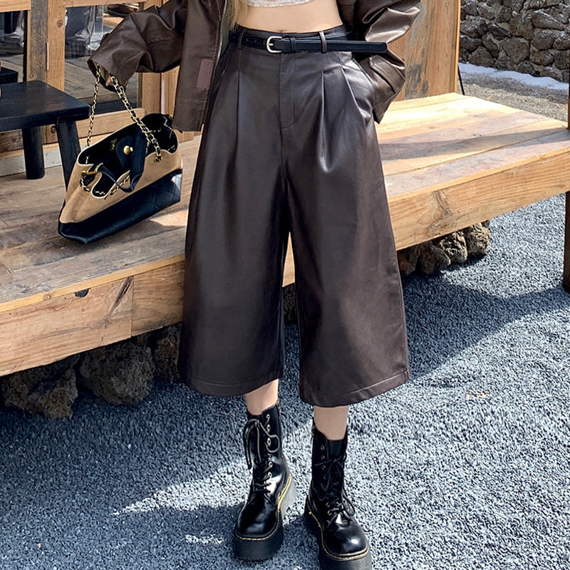 实拍秋冬新款高腰显瘦休闲七八分皮裤软皮pu皮潮酷阔腿中裤靴裤女,女装/女士精品,休闲裤,淘宝优惠券,粉丝福利购,淘宝优惠卷