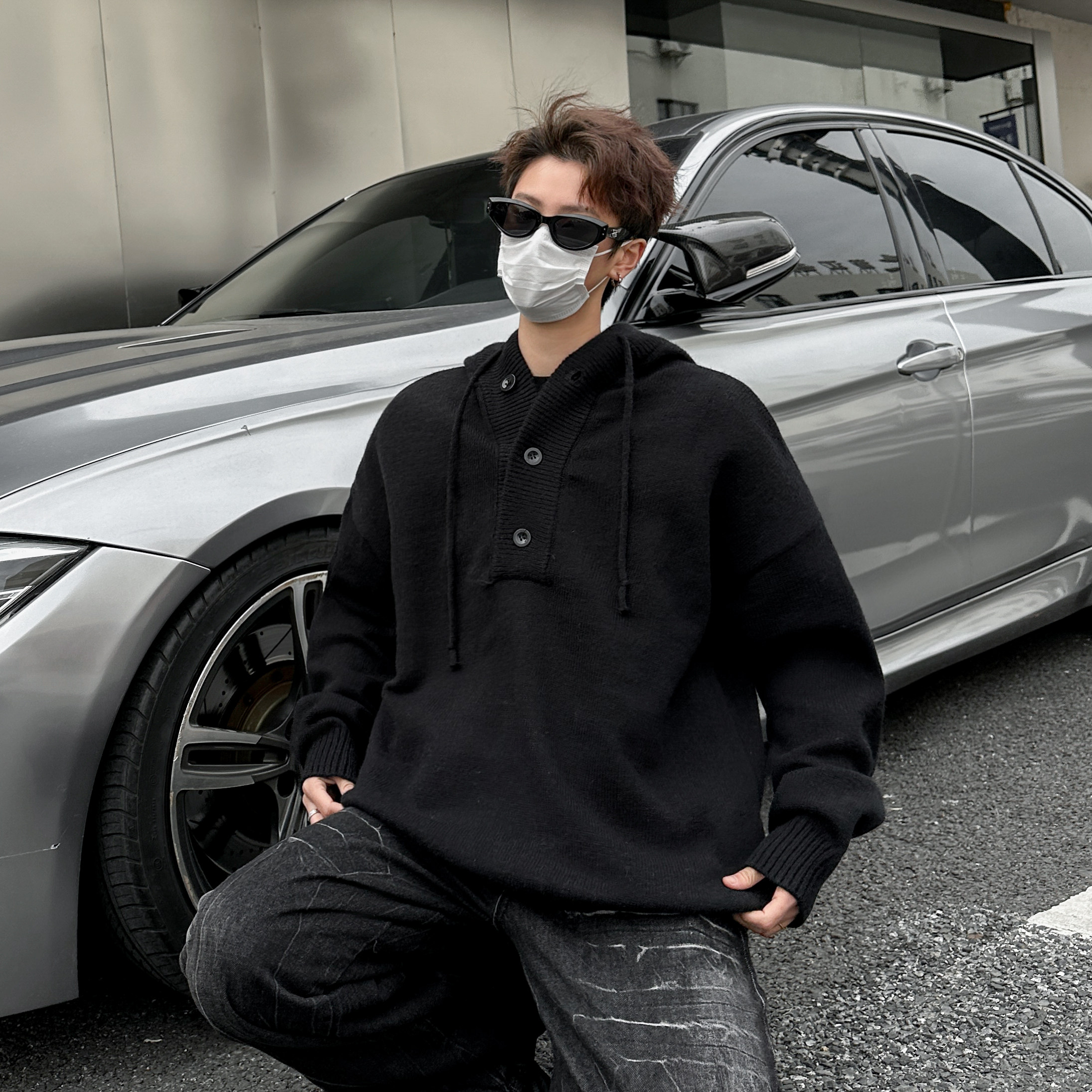 ponchioe连帽毛衣男冬潮牌设计感情侣针织衫灰色宽松百搭慵懒外套