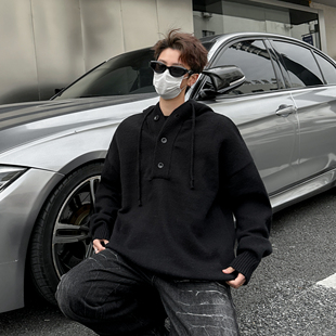 ponchioe连帽毛衣男冬潮牌设计感情侣针织衫灰色宽松百搭慵懒外套