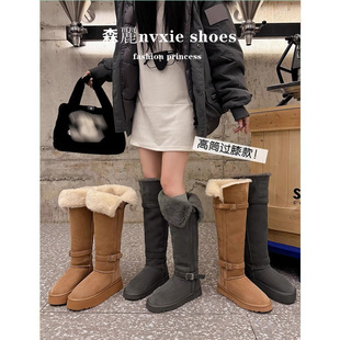 大筒围薄底雪地靴女款2025冬季新款加绒平底长筒靴厚底长靴雪地棉