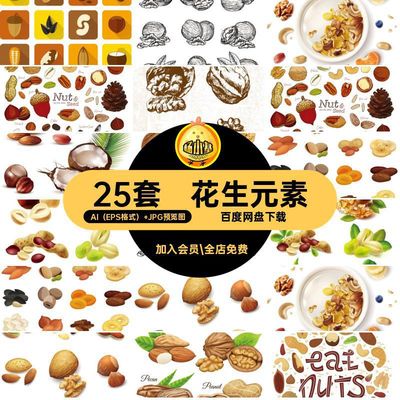 坚果手绘AI（EPS格式） JPG预览图卡通ai花生插画图案图片元素