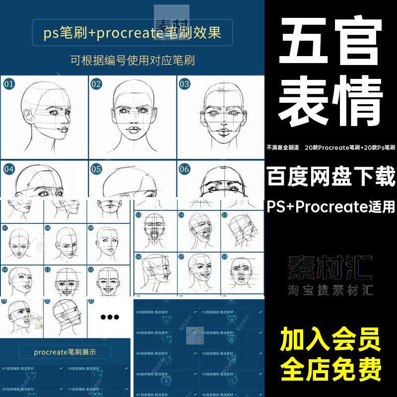 面部方向PS Procreate适用procreate多表情笔刷辅助线五官人像