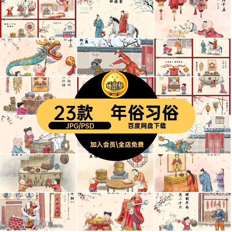 【民俗】春节传统文化年俗习俗仪式活动手绘插画海报模板PSD素材