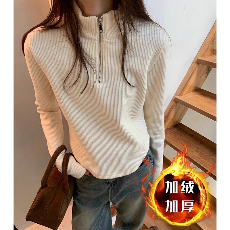 个性拉链加绒打底衫女内搭外穿加厚时尚高领大码卫衣显瘦遮肉上衣
