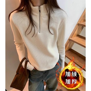 个性拉链加绒打底衫女内搭外穿加厚时尚高领大码卫衣显瘦遮肉上衣