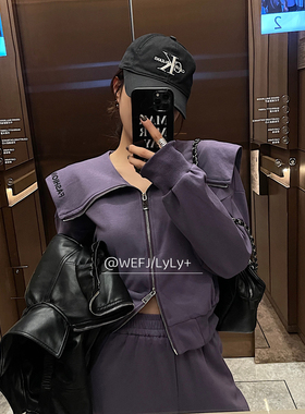 休闲运动套装女2023秋冬新款翻领拉链字母卫衣开衫阔腿裤两件套