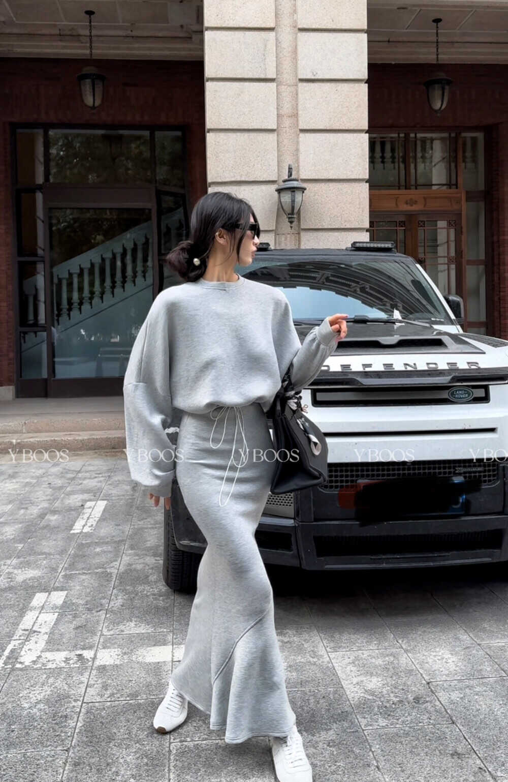 灰色休闲运动套装女2024秋冬新款套头卫衣鱼尾长裙半身裙两件套